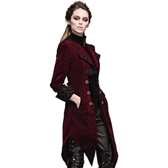 Women's Steampunk Swallow Tailcoat Gothic Long Winter Burgundy